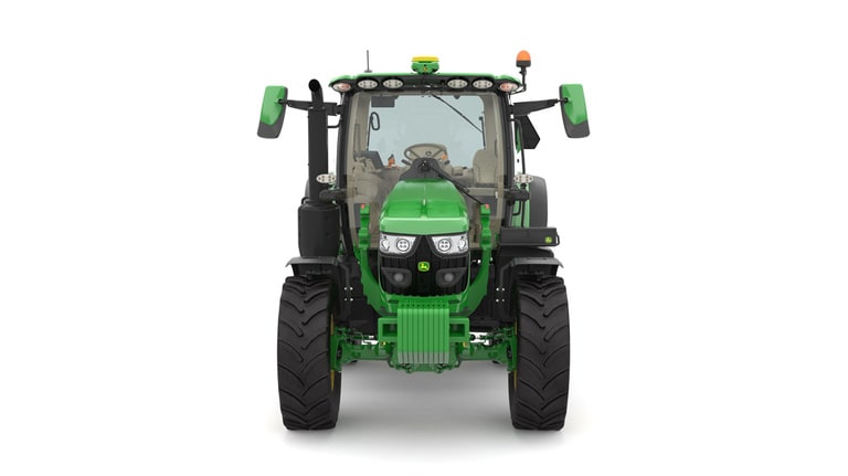Studio image of the front side view of a green 6R 120 Utility Tractor. (8th thumbnail)