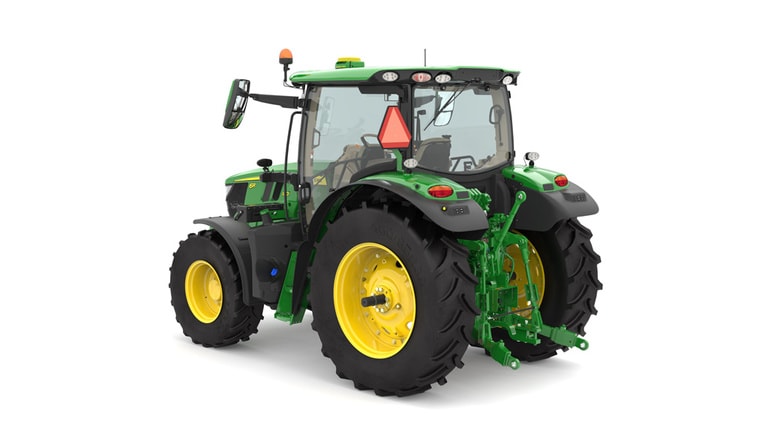 Studio image of the rear left view of a green 6R 140 Utility Tractor. (5th thumbnail)