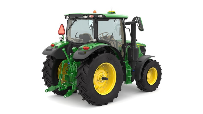 Studio image of the rear right view of a green 6R 140 Utility Tractor. (3rd thumbnail)