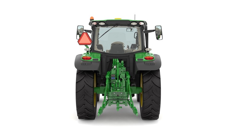 Studio image of the rear view of a green 6R 140 Utility Tractor. (4th thumbnail)