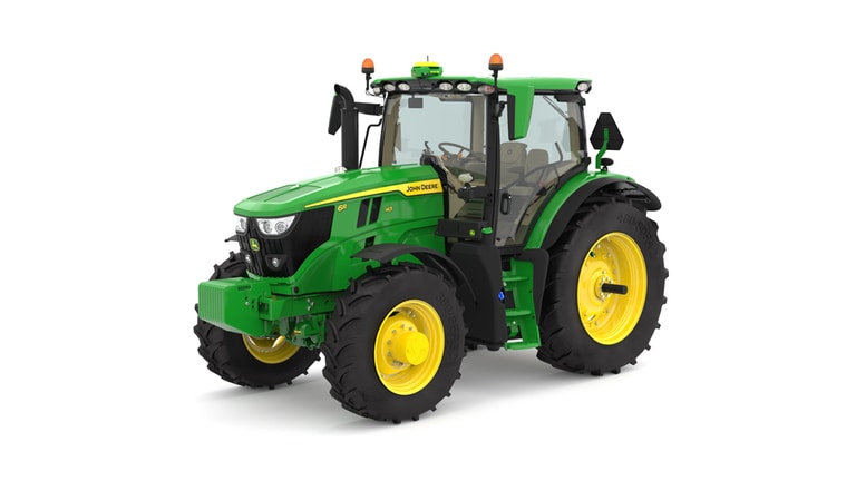 Studio image of the front left side of a green 6R 145 Row Crop Tractor. (7th thumbnail)