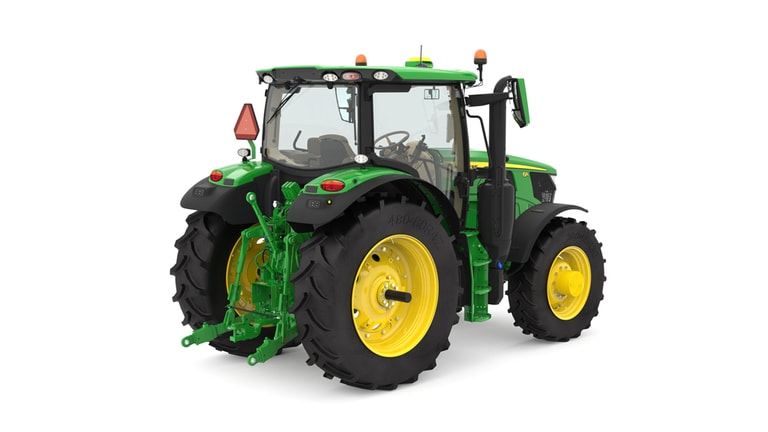 Studio image of the rear right side of a green 6R 145 Row Crop Tractor. (3rd thumbnail)