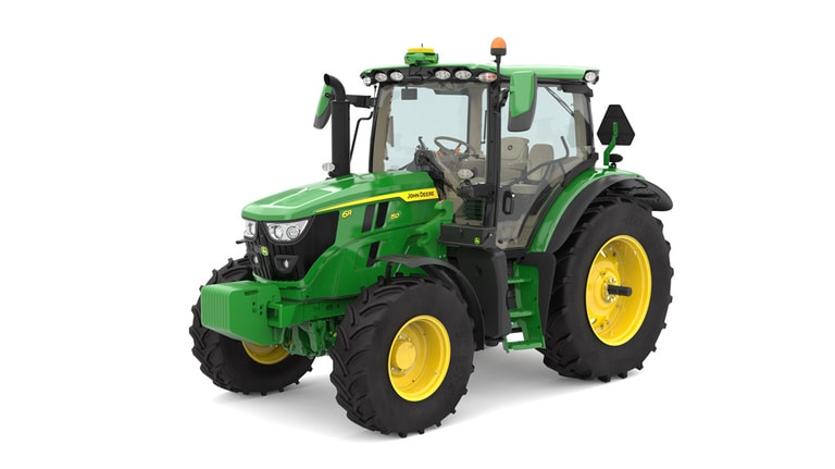 Studio image of the front left side view of a green 6R 150 Utility Tractor. (7th thumbnail)