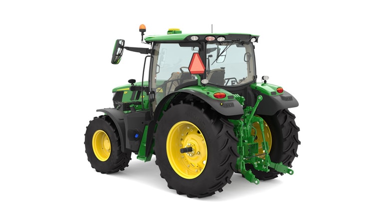 Studio image of the rear left side view of a green 6R 150 Utility Tractor. (5th thumbnail)