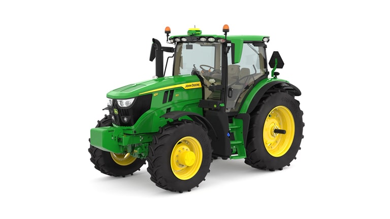 Studio image of the front left side view of a green 6R 155 Row Crop Tractor. (7th thumbnail)