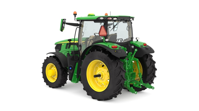 Studio image of the rear left side view of a green 6R 155 Row Crop Tractor. (5th thumbnail)
