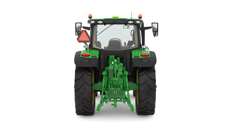 Studio image of the rear side view of a green 6R 155 Row Crop Tractor. (4th thumbnail)