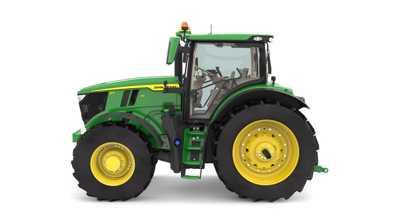 Studio image of the left side view of a green 6R 175 Row Crop Tractor.