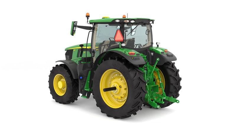 Studio image of the rear left side view of a green 6R 175 Row Crop Tractor.