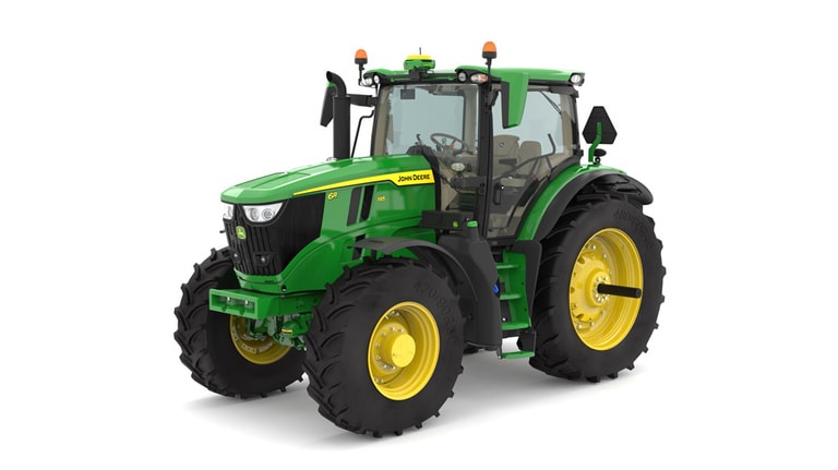 Studio image of the front left side view of a green 6R 195 Row Crop Tractor. (7th thumbnail)
