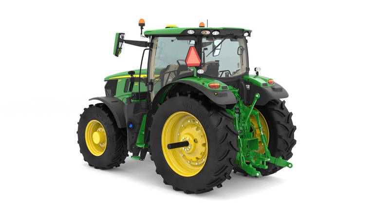 Studio image of the rear left side view of a green 6R 195 Row Crop Tractor. (5th thumbnail)