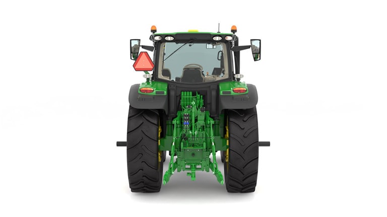 Studio image of the rear side view of a green 6R 195 Crop Row Tractor. (4th thumbnail)