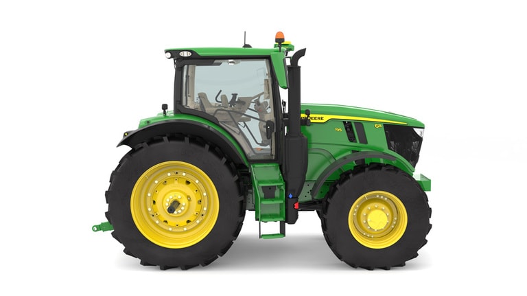 Studio image of the right side view of a green 6R 195 Crop Row Tractor. (2nd thumbnail)