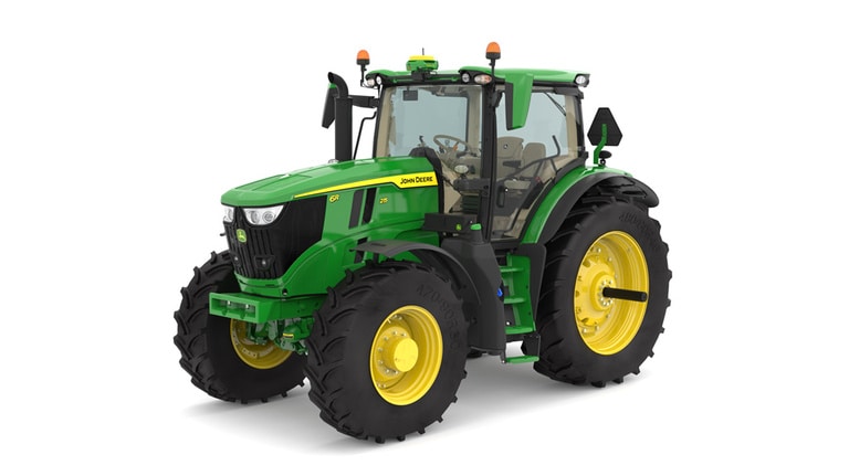 Studio image of the front left side view of a green 6R 215 Row Crop Tractor.