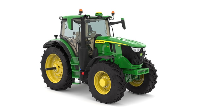 Studio image of the front right side view of a green 6R 215 Row Crop Tractor.