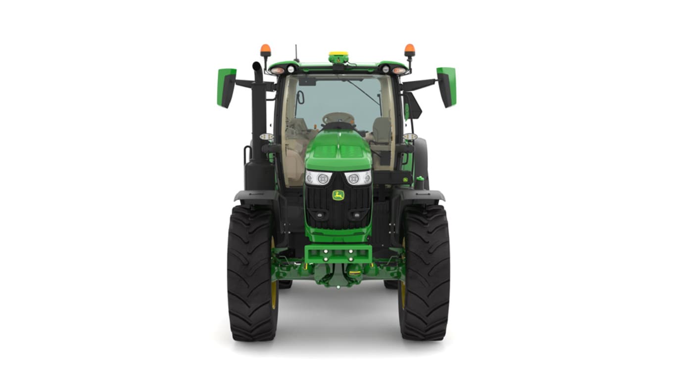 Studio image of the front side view of a green 6R 215 Row Crop Tractor.