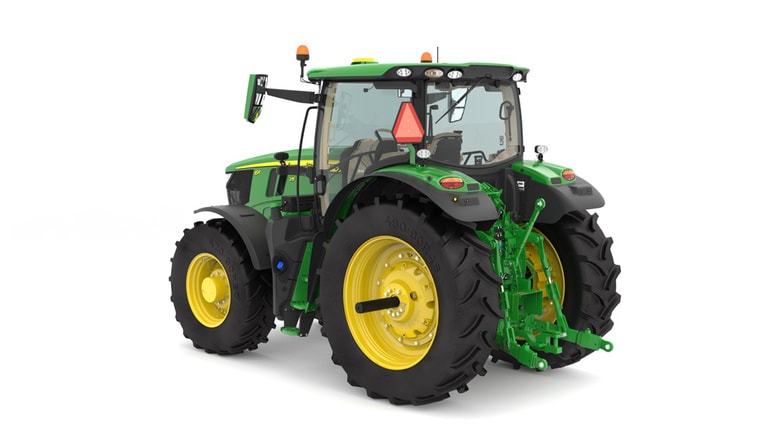 Studio image of the rear left side view of a green 6R 215 Row Crop Tractor.