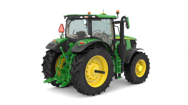 Studio image of the rear right side view of a green 6R 215 Row Crop Tractor.