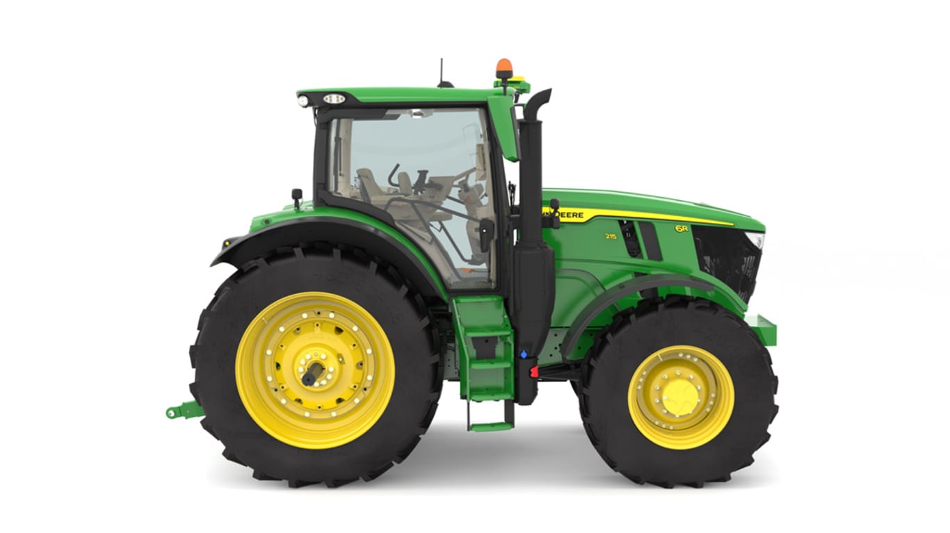 Studio image of the right side view of a green 6R 215 Row Crop Tractor.
