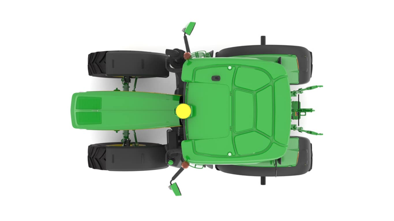 Studio image of the top side view of a green 6R 215 Row Crop Tractor.