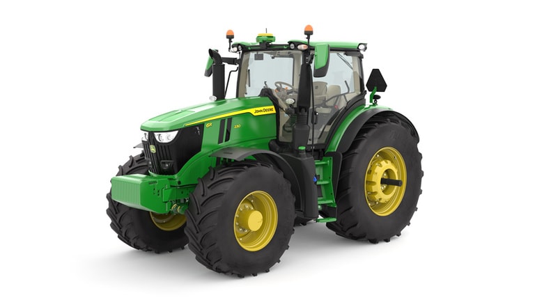 Studio image of the front left side view of a green 6R 230 Utility Tractor. (7th thumbnail)