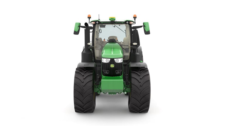 Studio image of the front side view of a green 6R 230 Utility Tractor. (8th thumbnail)