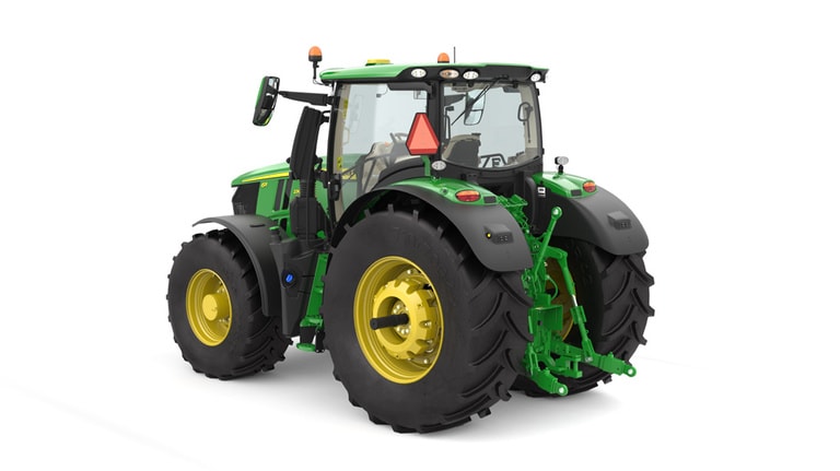 Studio image of the rear left side view of a green 6R 230 Utility Tractor. (5th thumbnail)