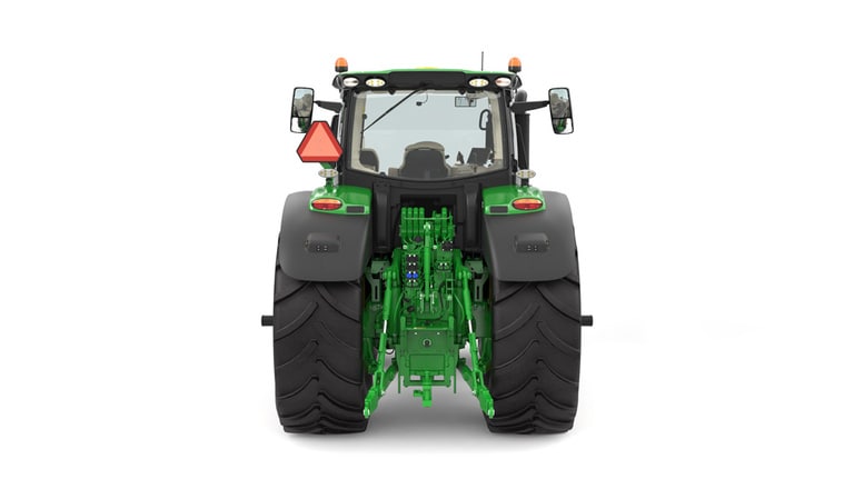 Studio image of the rear side view of a green 6R 230 Utility Tractor. (4th thumbnail)