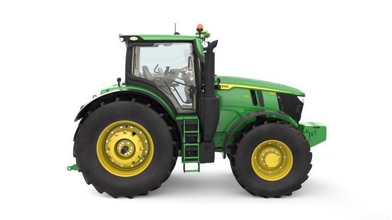 Studio image of the right side view of a green 6R 230 Utility Tractor. (2nd thumbnail)