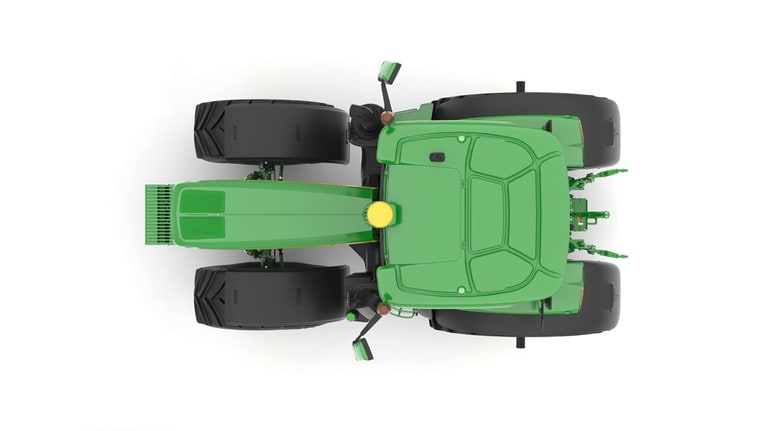 Studio image of the top view of a green 6R 230 Utility Tractor. (9th thumbnail)