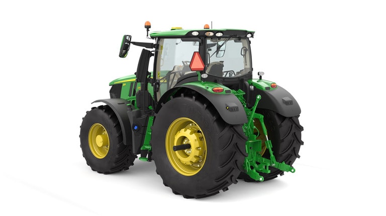 Studio image of the rear left side view of a green 6R 250 Utility Tractor. (5th thumbnail)