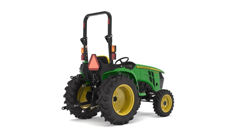 Rear right-facing 3038E Compact Tractor on a white background (5th thumbnail)
