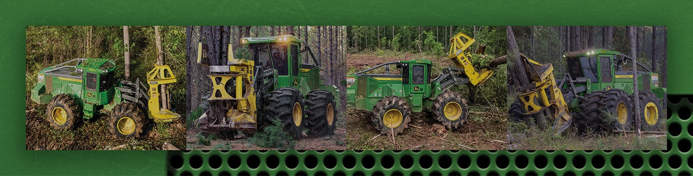 John Deere Wheeled Feller Buncher collage image of machines working in the woods.