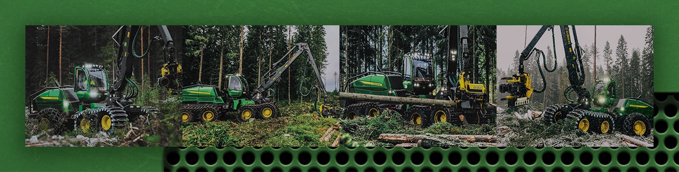 John Deere Wheeled harvester collage image of machines working in the woods.