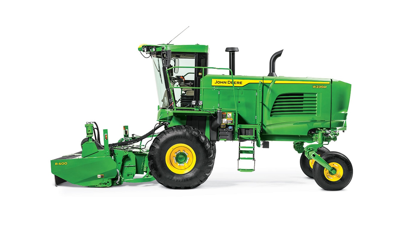 W235M Windrower with an R400 Rotary Platform on a white background