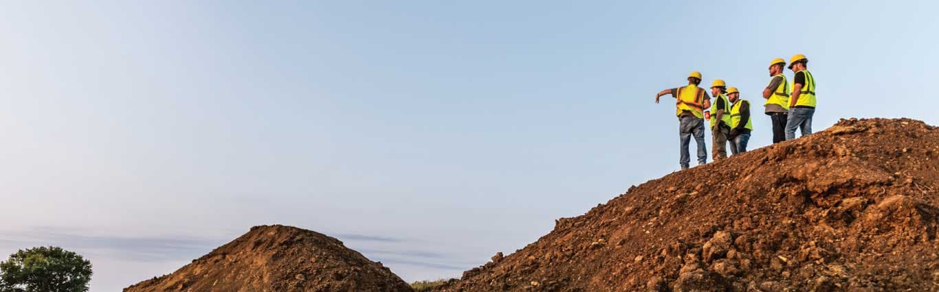 People stand on top of a pile of dirt, surveying the land