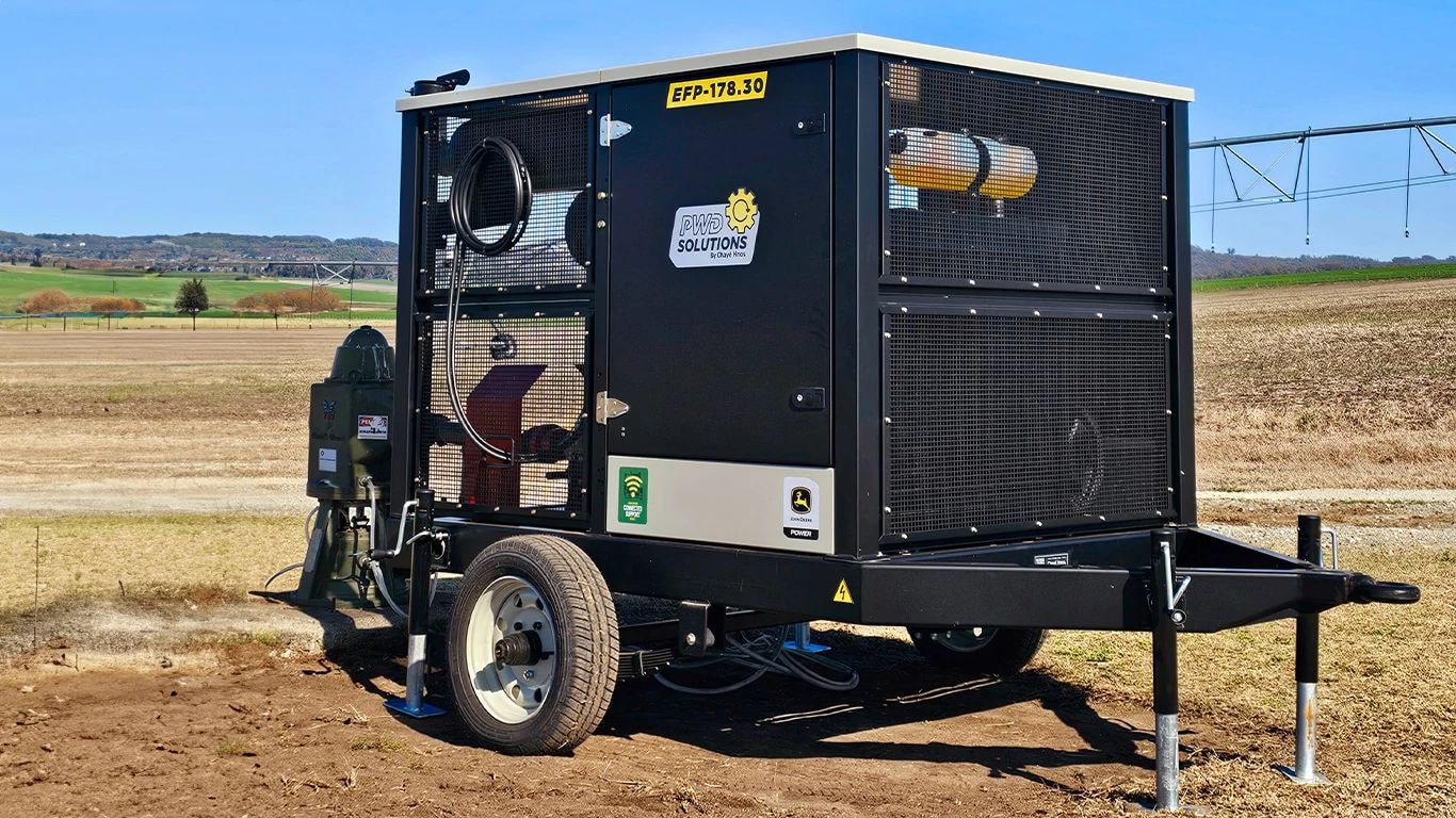 Chayé Hnos. John Deere-powered generator set used for sustainable farming outside on a potato farm.