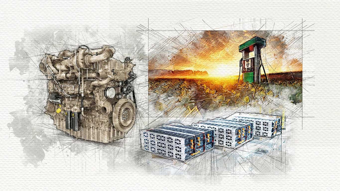 hand sketched drawing of JD engine and battery