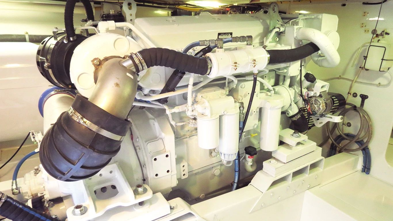 A John Deere 13.5L marine propulsion engine inside a Rybovich sportfishing yacht
