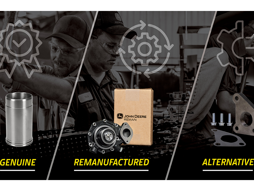 Comparison of genuine, remanufactured, and alternative John Deere parts with visuals.