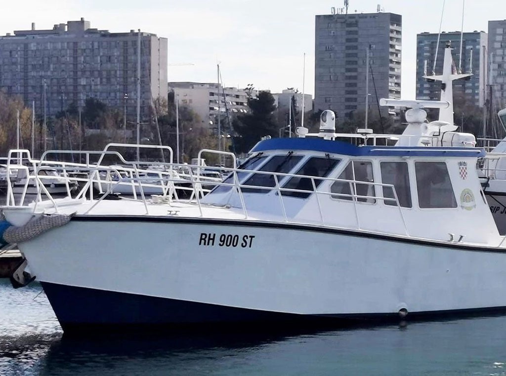 The 14-meter (46-foot) Capax patrol vessel docked in the waters of Croatia.