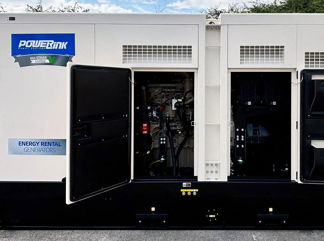 The A500JS PowerLink genset with its door open, showing the John Deere JD14 engine inside