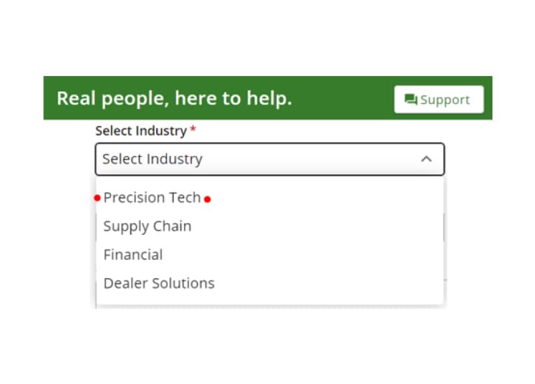 Filtro "Select Industry". En la parte superior, en una franja verde, dice: "Real people, here to help." La opción seleccionada en el filtro es "Precision Tech", que es la primera opción.