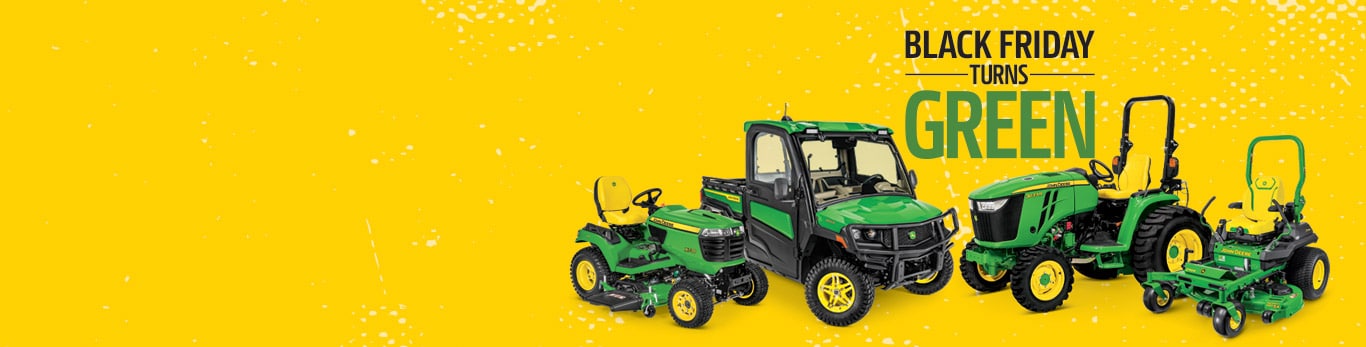 Four John Deere machines on a yellow background with a Black Friday Turns Green logo