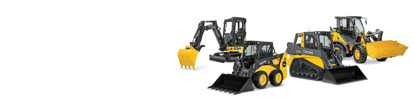 26 P-Tier compact excavator, 325G tracked skid steer, 204 G-tier wheel loader and 316 P-Tier skid steer on white background