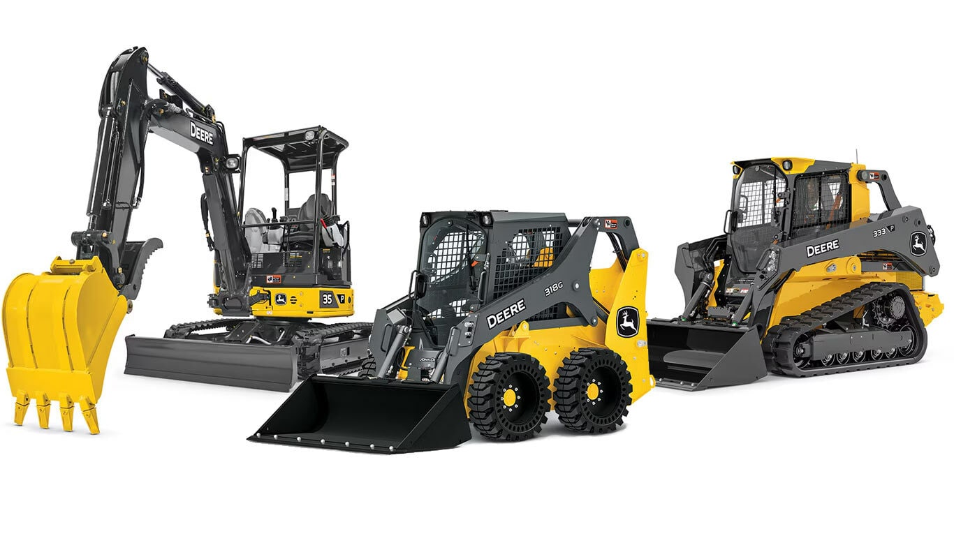 Three construction equipments lined up in the center on a white background