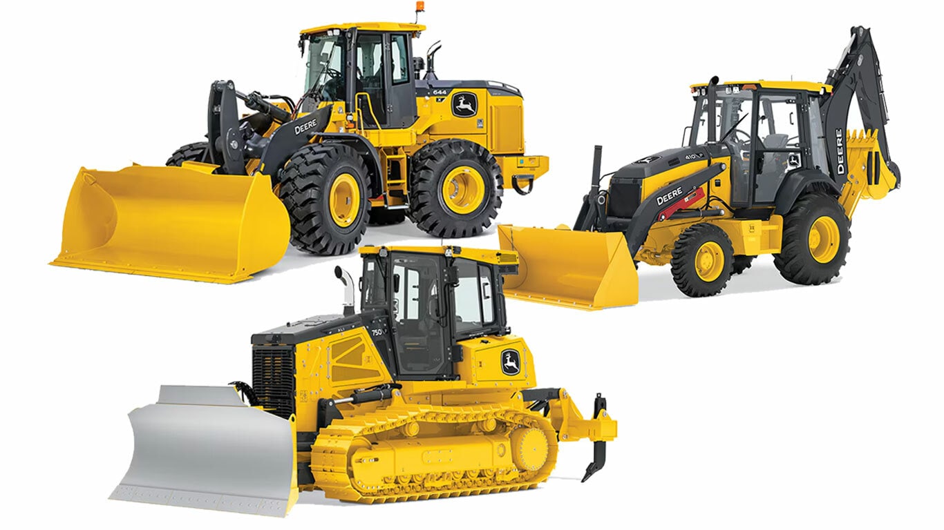 studio photos of a 644X Wheel Loader, a 410 P Backhoe, and a 750 P Dozer