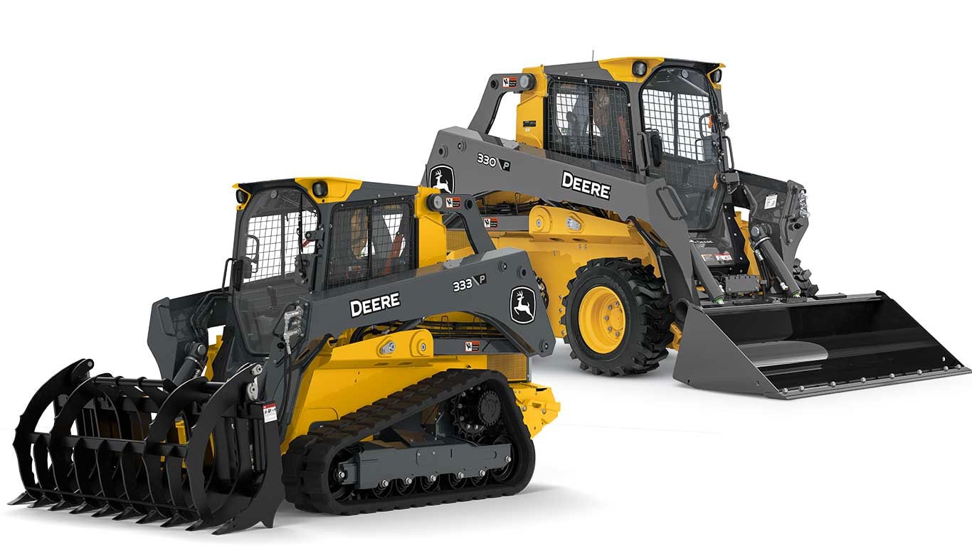 Two John Deere skid steers, one on tracks and one on wheels, showcasing different attachments, set against a white background.