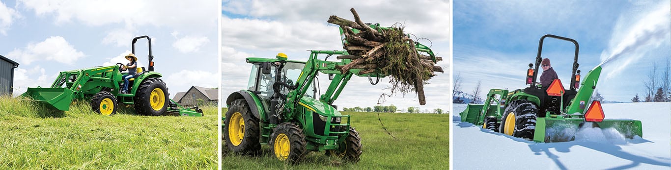 A collage of green tractors doing various tasks with Frontier attachments; cutting grass, lifting debris, and blowing snow.