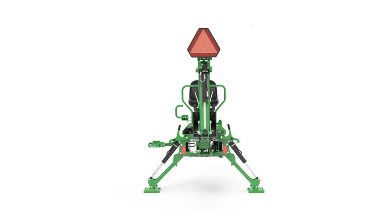 A front-facing studio shot of a green backhoe implement on a white background. (3rd thumbnail)